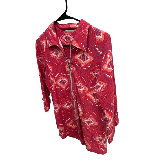 Threehearts Red Pink Ikat Print Zip Up Tunic Blouse Sz Small - Picture 3 of 10